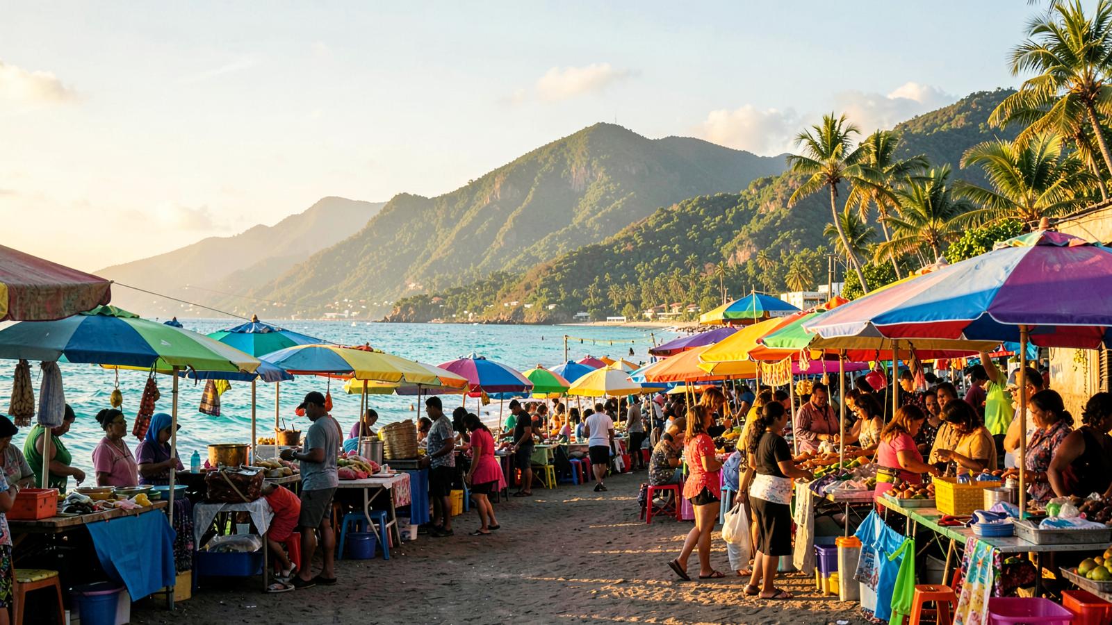 Colourful seaside market stalls in Mauritius
